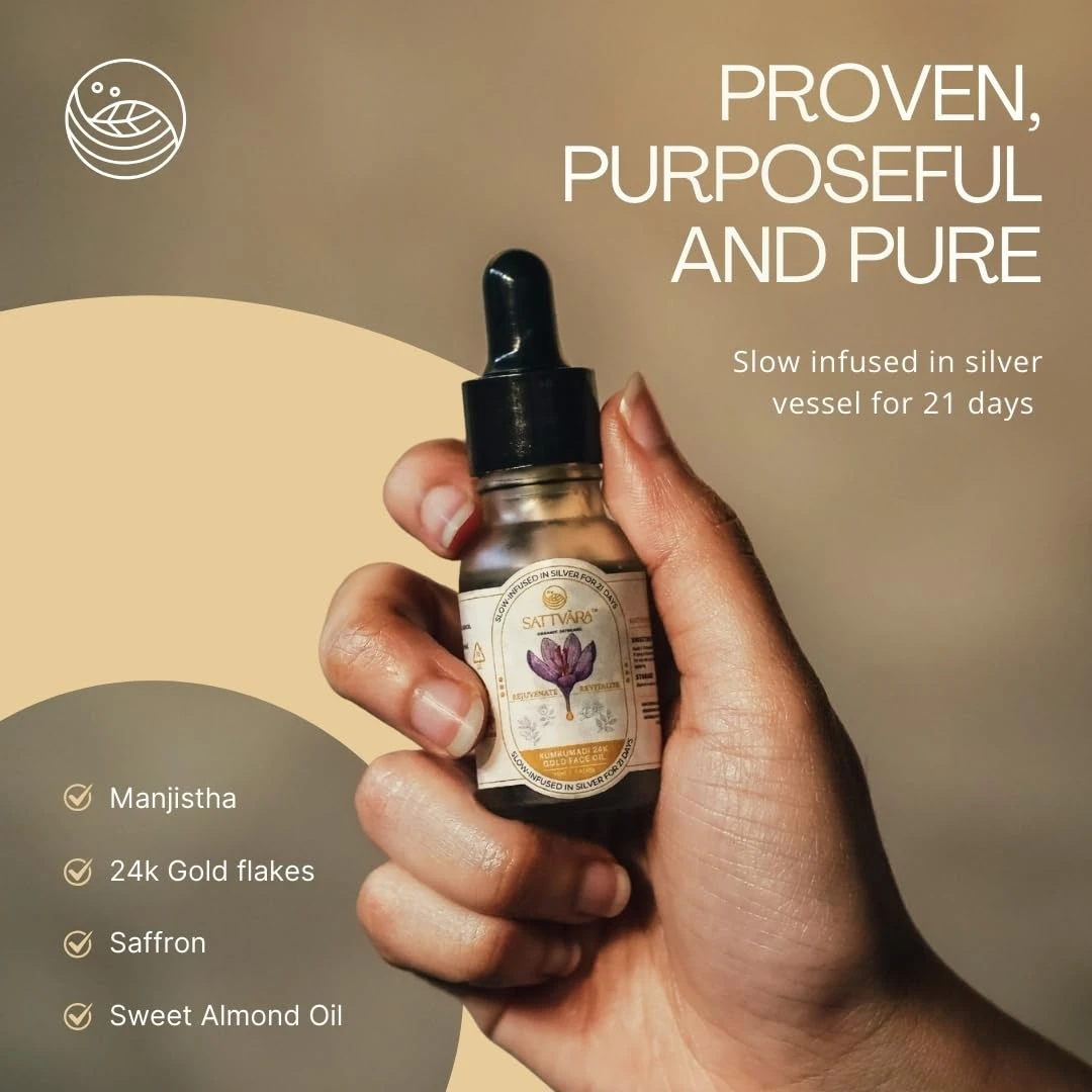 The Sattvāra face oil bottle cradled in an open hand.