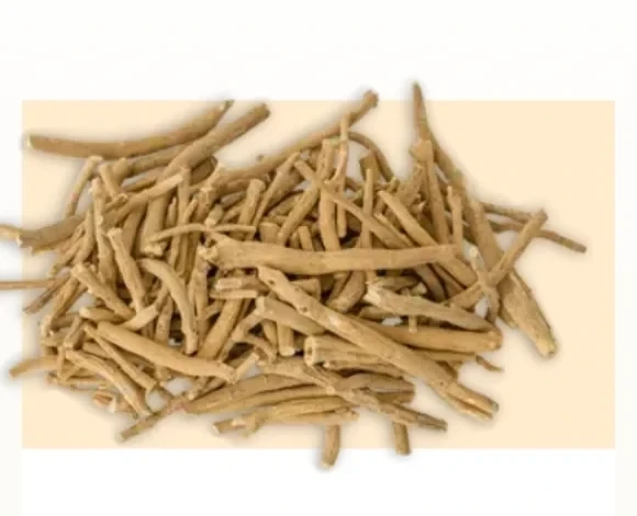 Dried ashwagandha roots, pale and fibrous