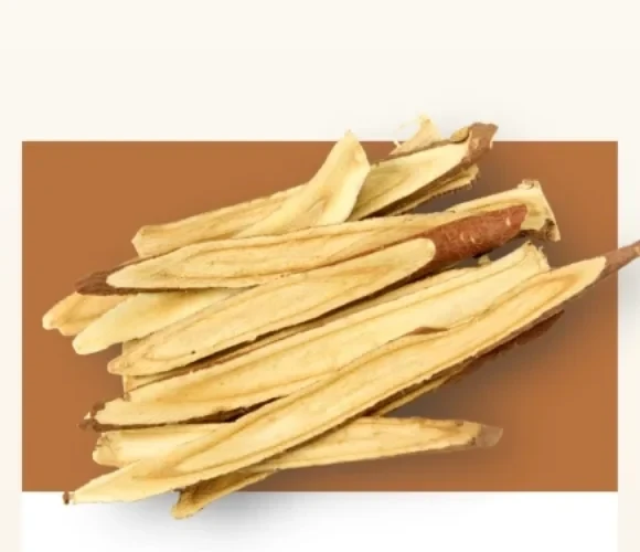 Split licorice root sticks, pale yellow inside