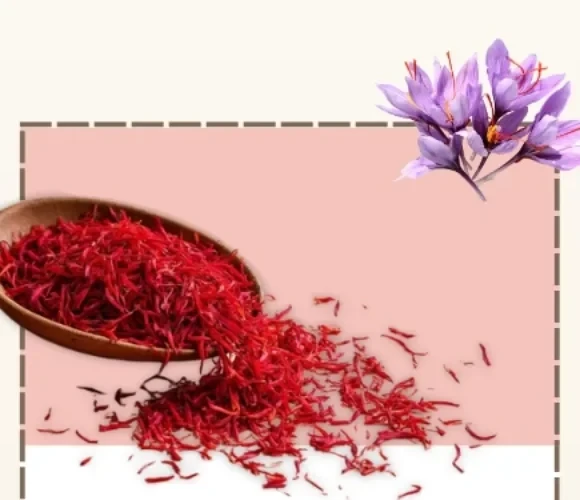 Deep red saffron threads spilling from a wooden spoon, with crocus flowers